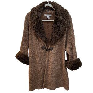 Nicole Alexander Brown Wool Blend Sweater Jacket w/ Faux Fur Collar/Cuffs Large